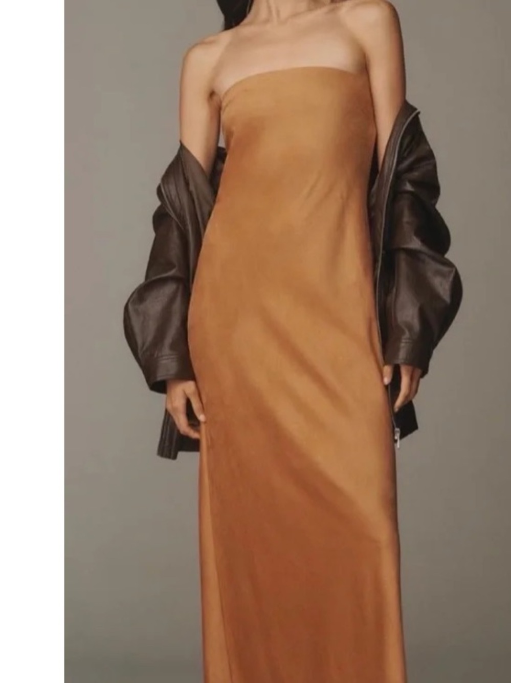 NWT Anthropologie Fleur Strapless Faux-Suede Maxi Slip Dress Cedar M